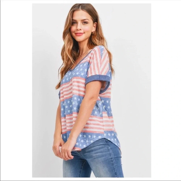 USA Flag Graphic Tee | Red White Blue V-Neck Patriotic 4th of July Top - Picture 5 of 8